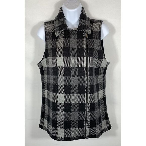 Chaps Jackets & Blazers - Chaps Sweater Vest Womens Medium Black & Gray Plaid Stretch Knit Full Zip - 304
